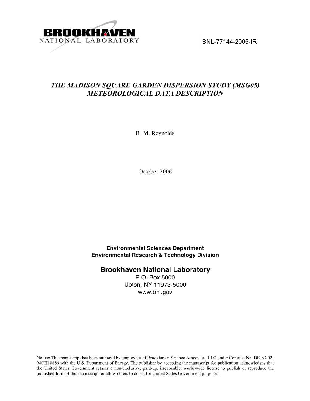 The Madison Square Garden Dispersion Study (Msg05) Meteorological Data Description