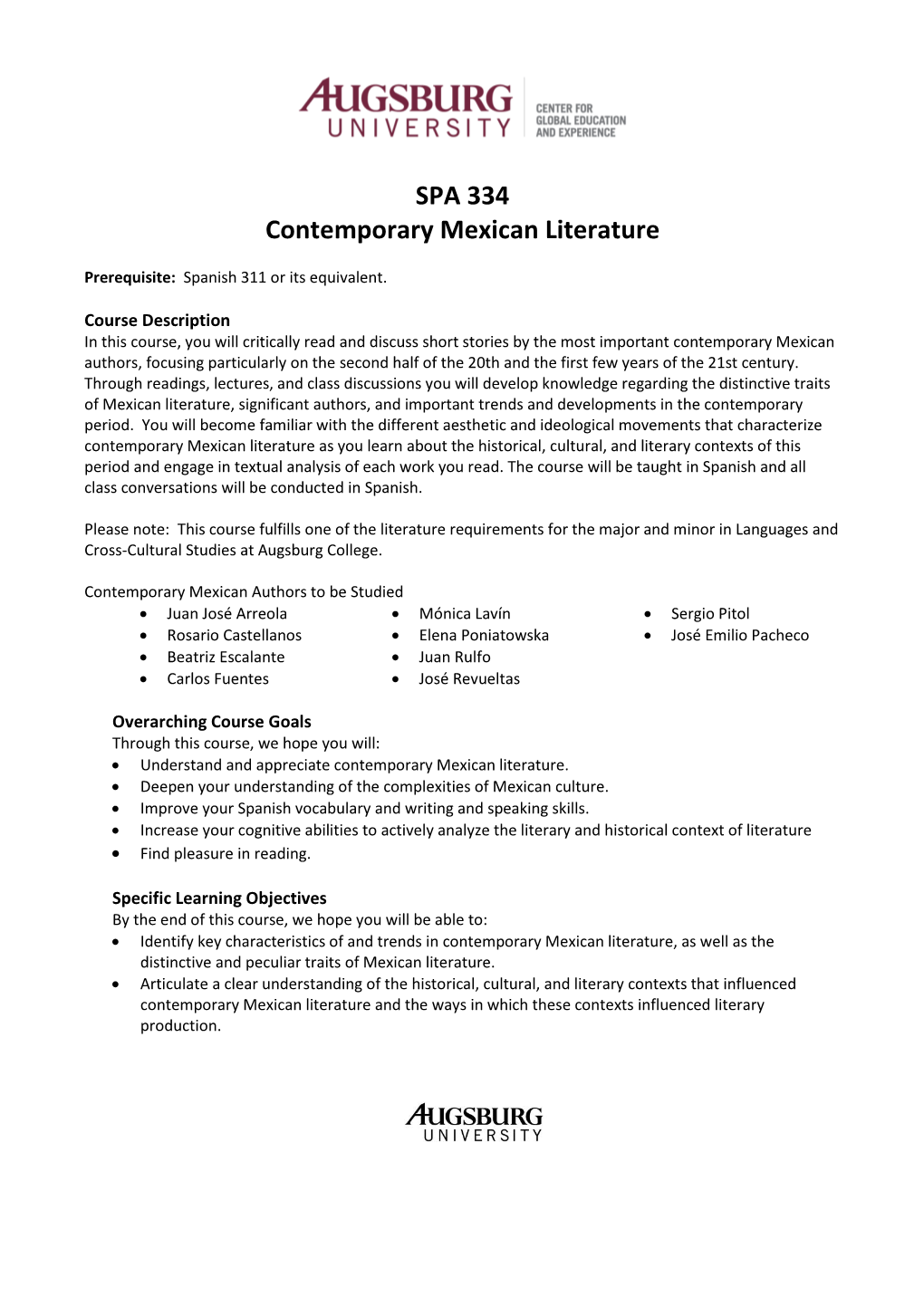 SPA 334 Contemporary Mexican Literature