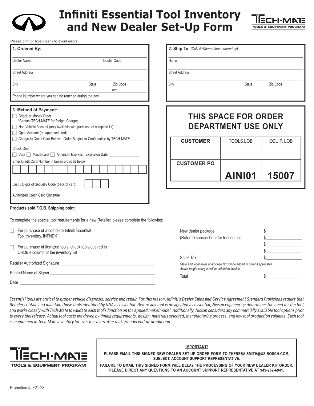 Infiniti Essential Tool Inventory and New Dealer Set-Up Form