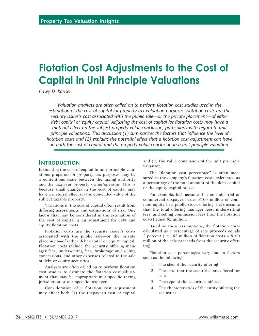 Flotation Cost Adjustments to the Cost of Capital in Unit Principle Valuations Casey D