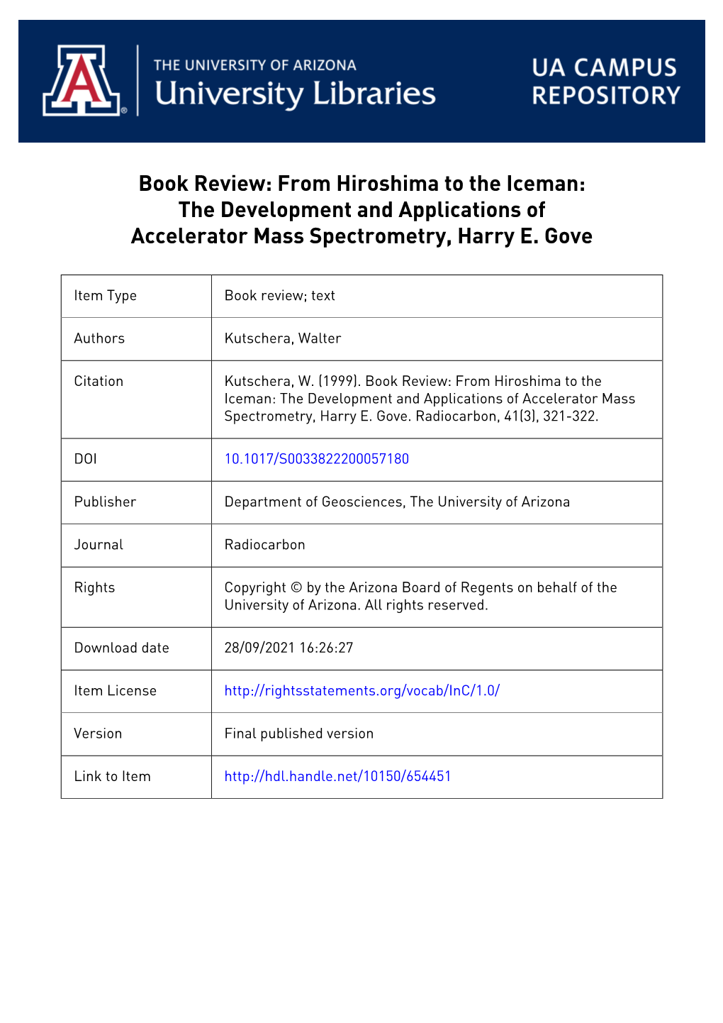Book Review: from Hiroshima to the Iceman: the Development and Applications of Accelerator Mass Spectrometry, Harry E