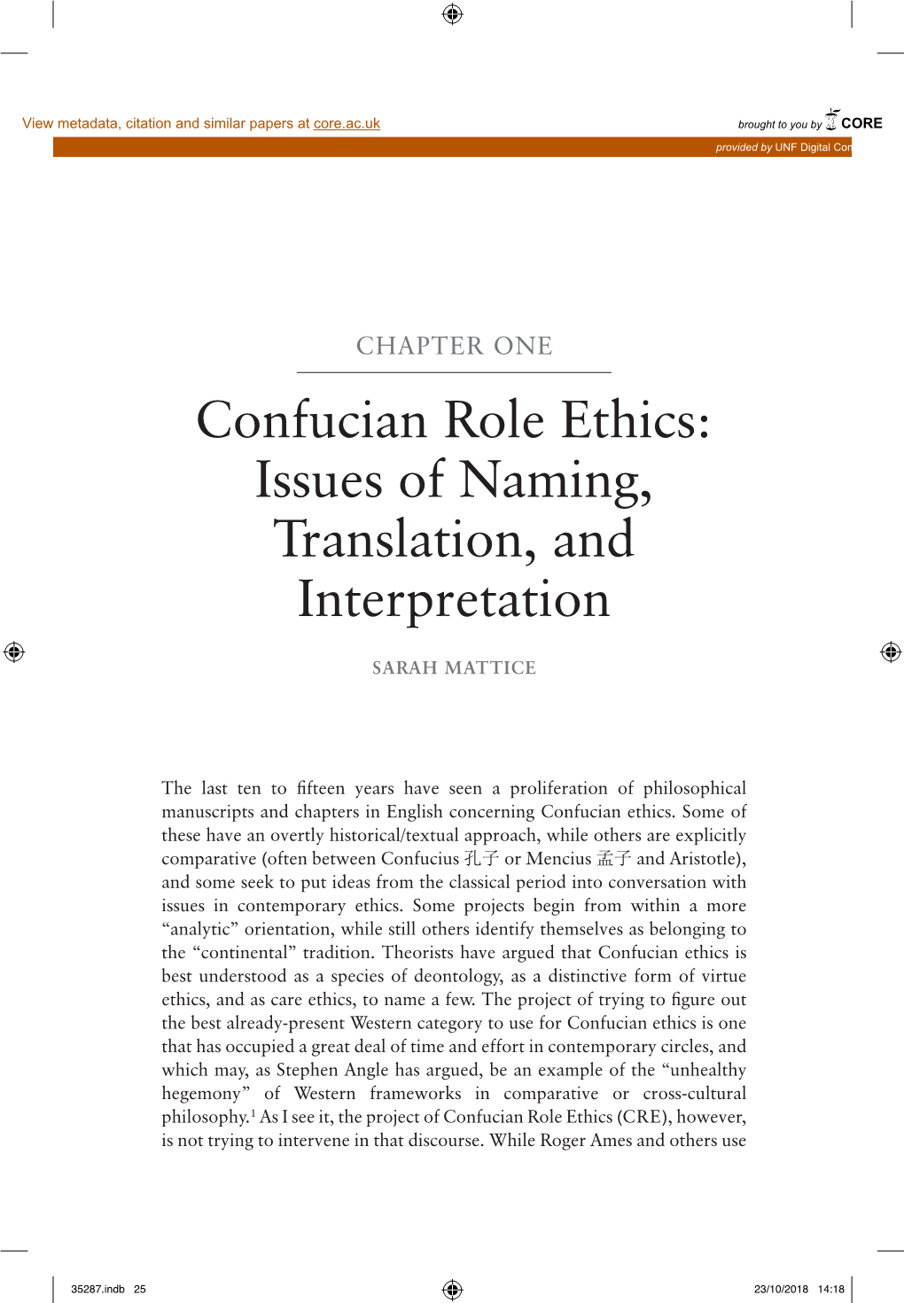 Confucian Role Ethics: Issues of Naming, Translation, and Interpretation