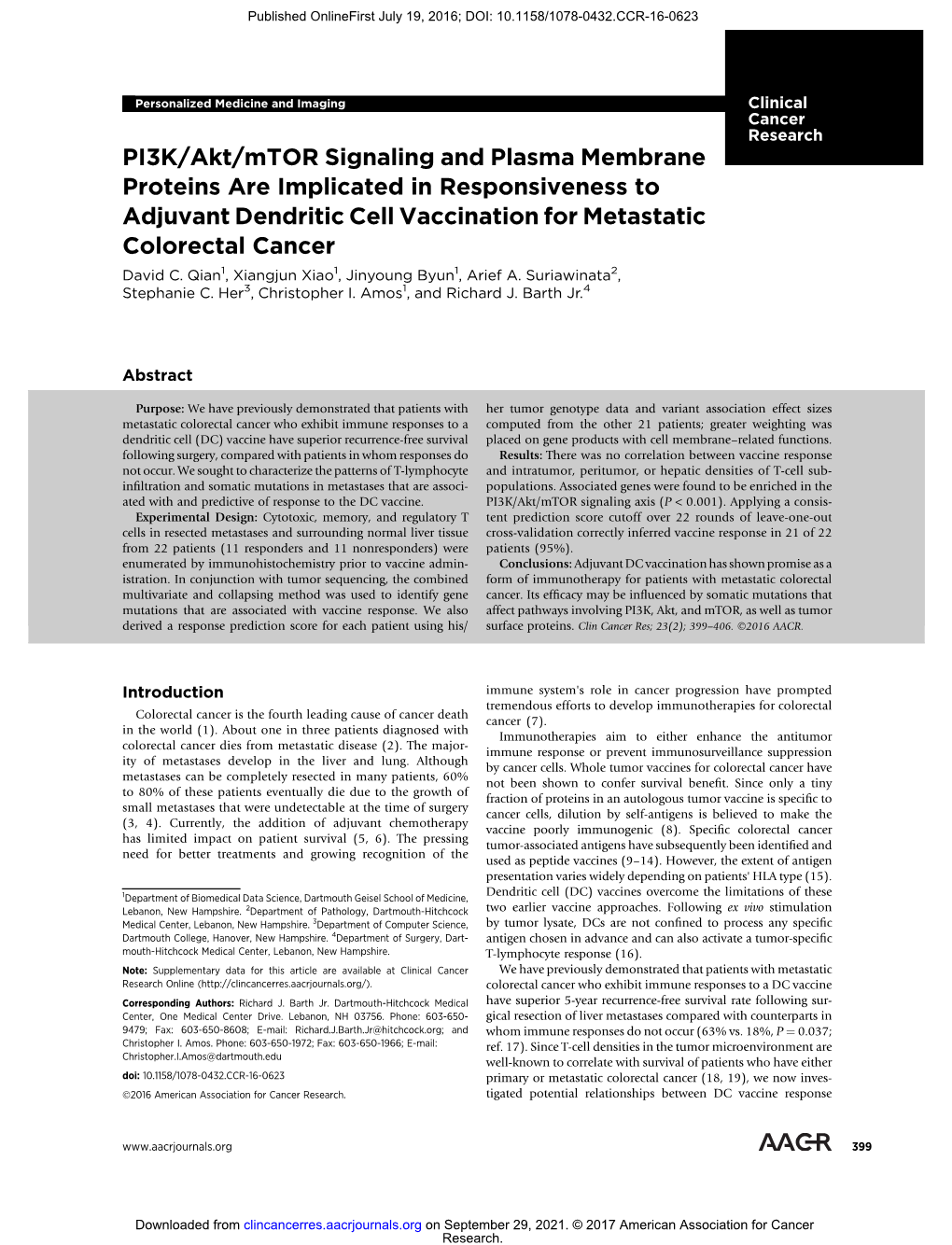 PI3K/Akt/Mtor Signaling and Plasma Membrane Proteins Are Implicated in Responsiveness to Adjuvant Dendritic Cell Vaccination for Metastatic Colorectal Cancer David C