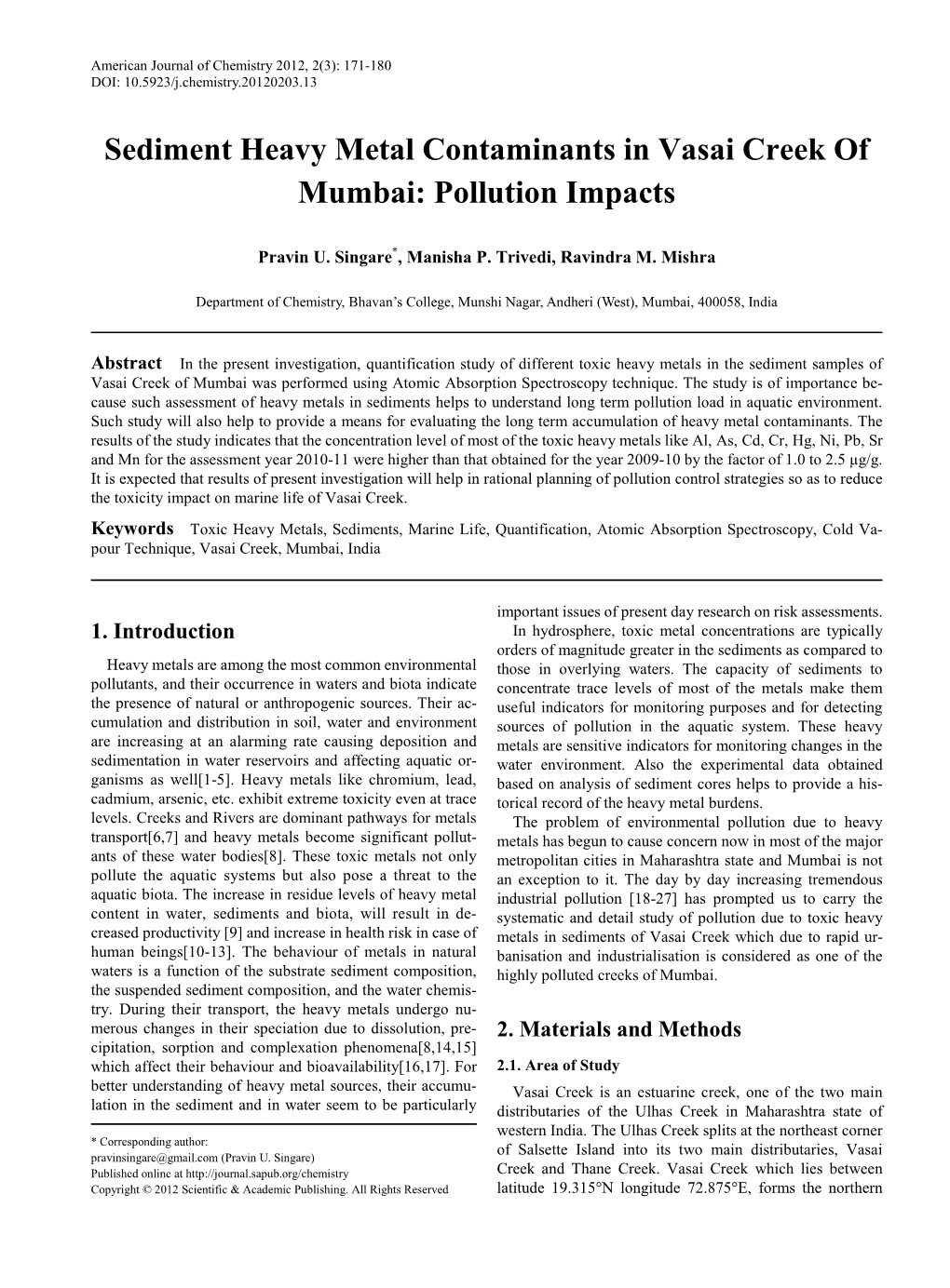 Sediment Heavy Metal Contaminants in Vasai Creek of Mumbai: Pollution Impacts