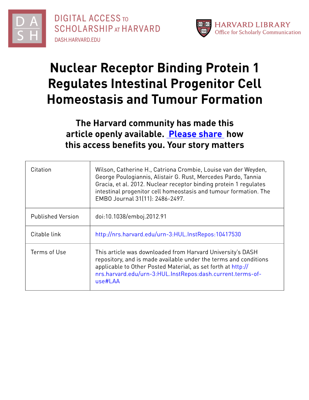 Nuclear Receptor Binding Protein 1 Regulates Intestinal Progenitor Cell Homeostasis and Tumour Formation