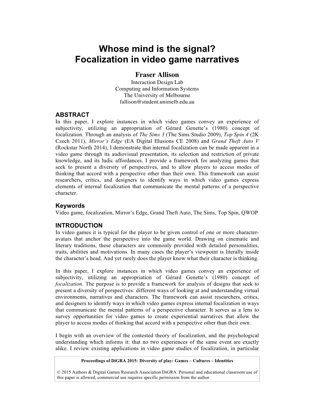 Whose Mind Is the Signal? Focalization in Video Game Narratives