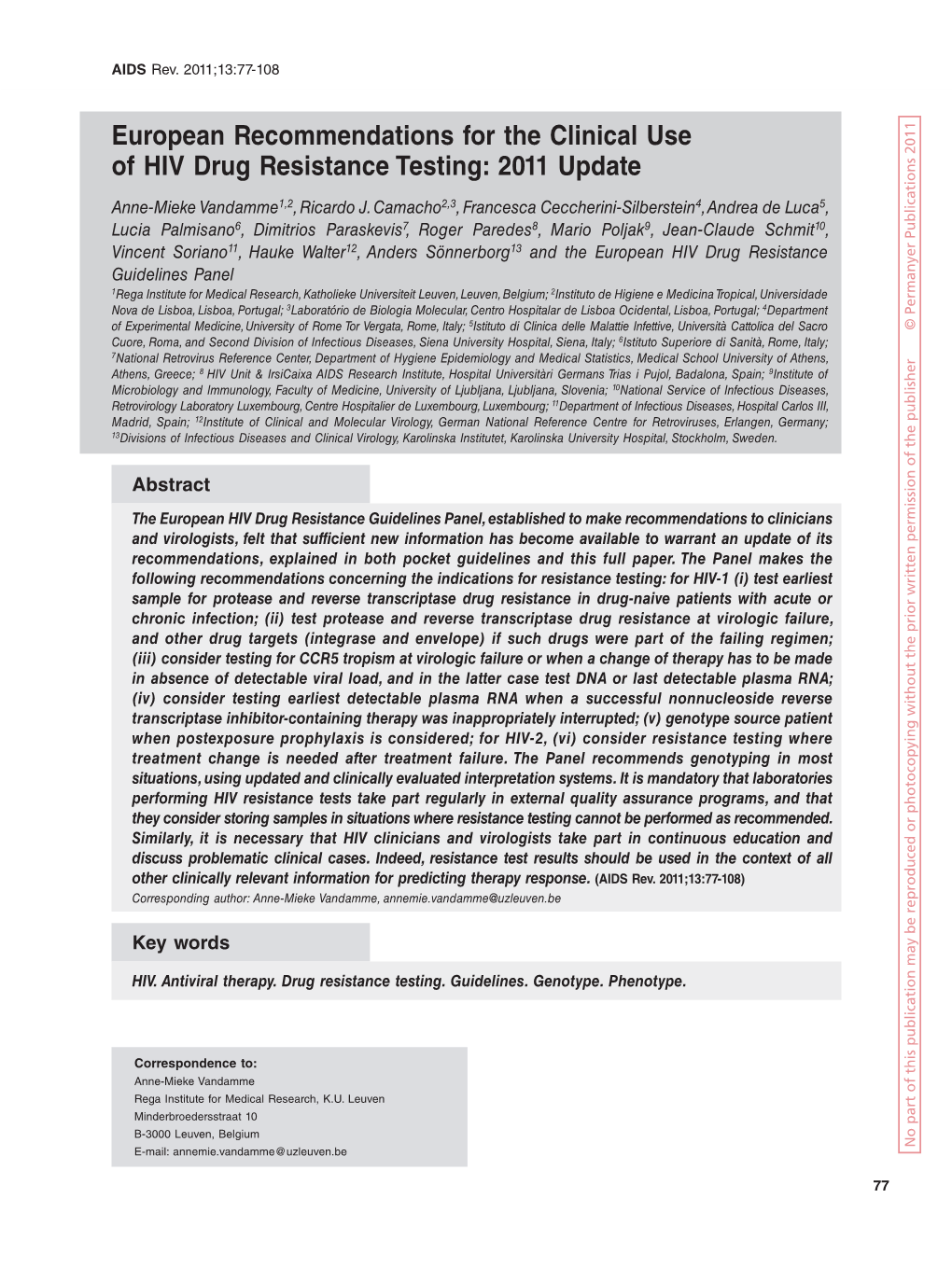 European Recommendations for the Clinical Use of HIV Drug Resistance Testing: 2011 Update