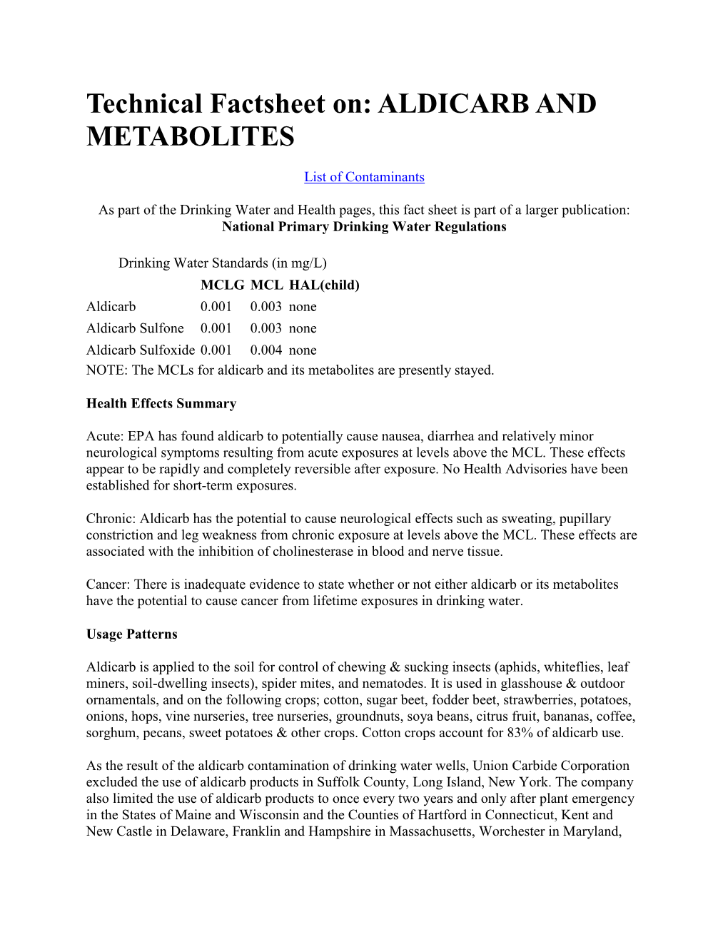 Technical Factsheet on Aldicarb and Metabolites