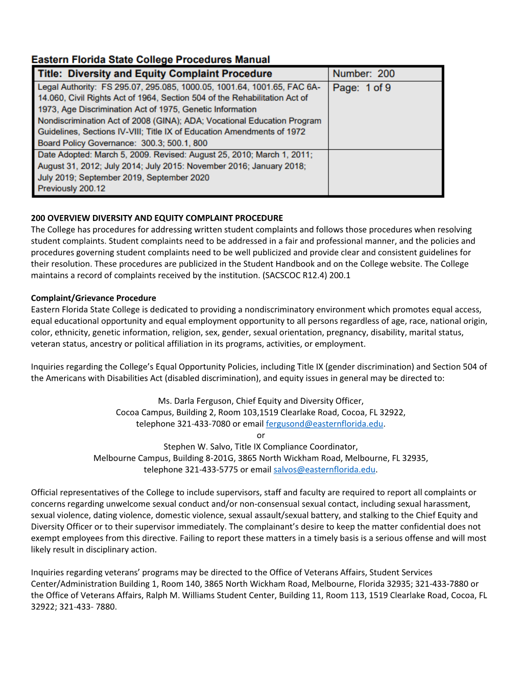 200 Overview Diversity and Equity Complaint Procedure