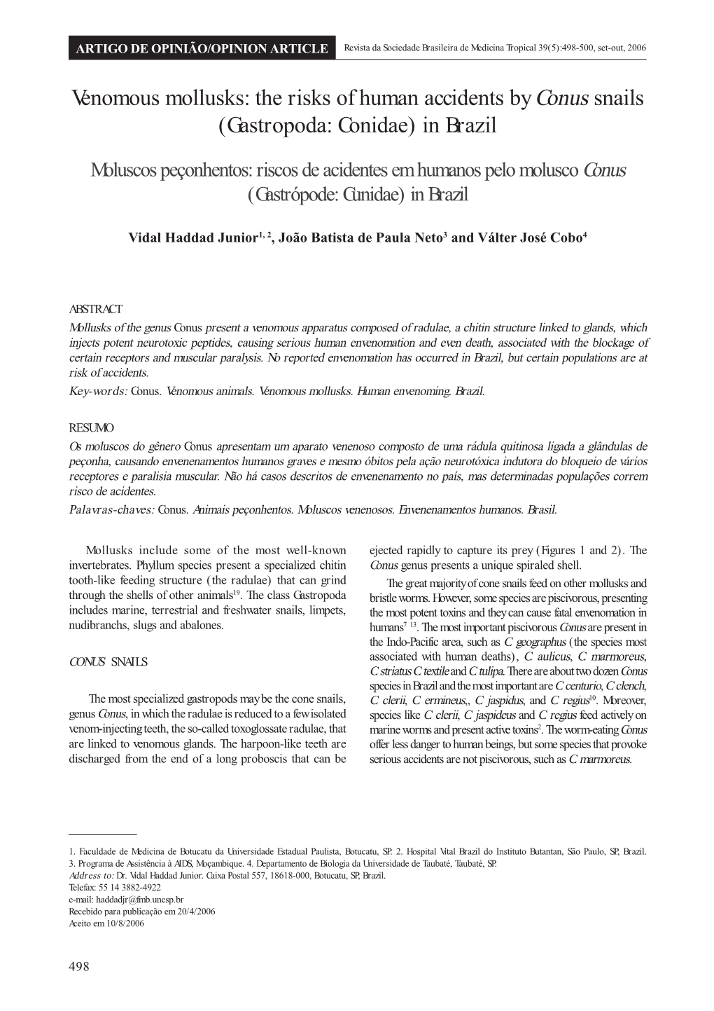 Venomous Mollusks: the Risks of Human Accidents by Conus Snails (Gastropoda: Conidae) in Brazil