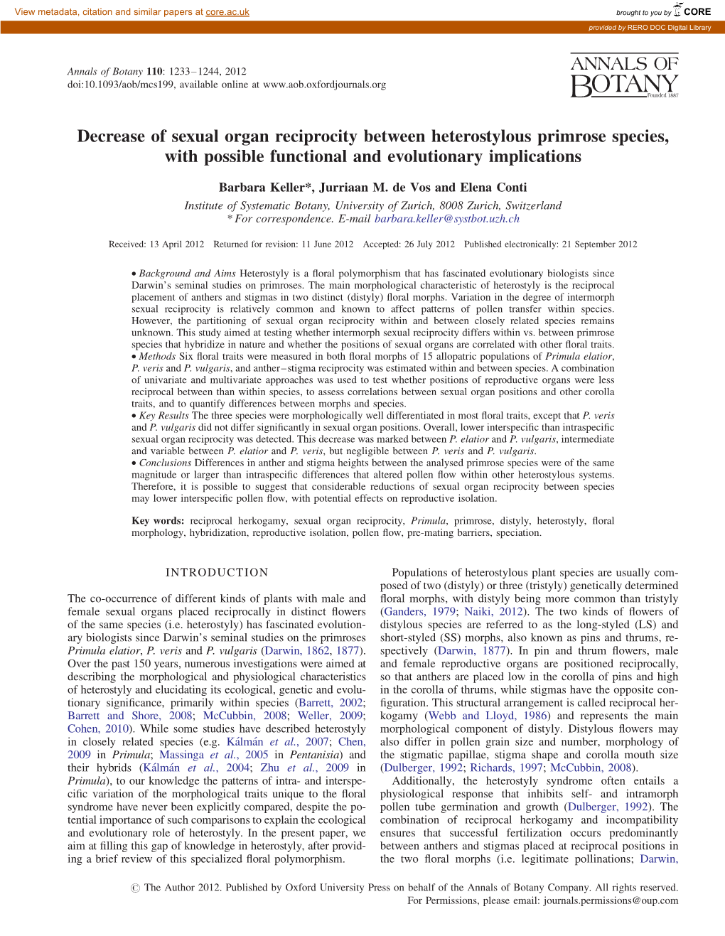 Decrease of Sexual Organ Reciprocity Between Heterostylous Primrose Species, with Possible Functional and Evolutionary Implications