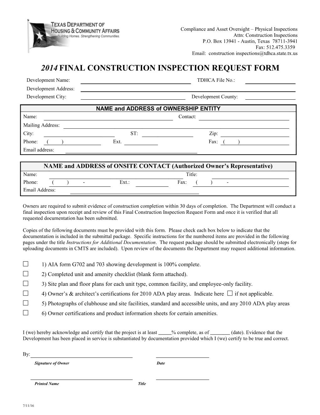 Final Construction Inspection Request Form and Developement Inspection Checklist