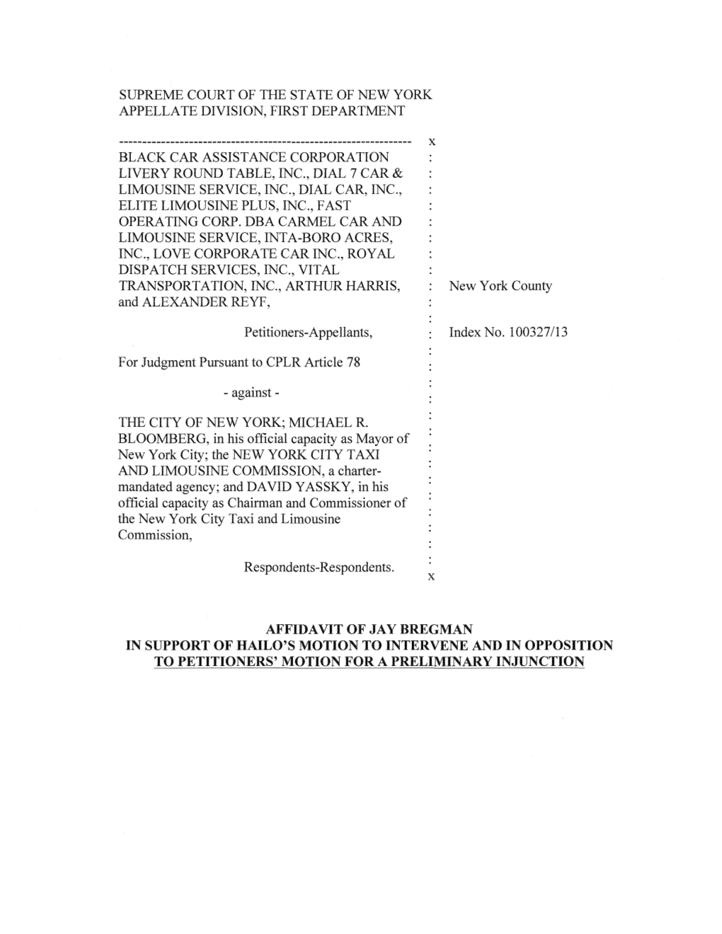 Affidavit of Jay Bregman in Support of Hailo's Motion to Intervene and in Opposition to Petitioners' Motion for a Preliminary In