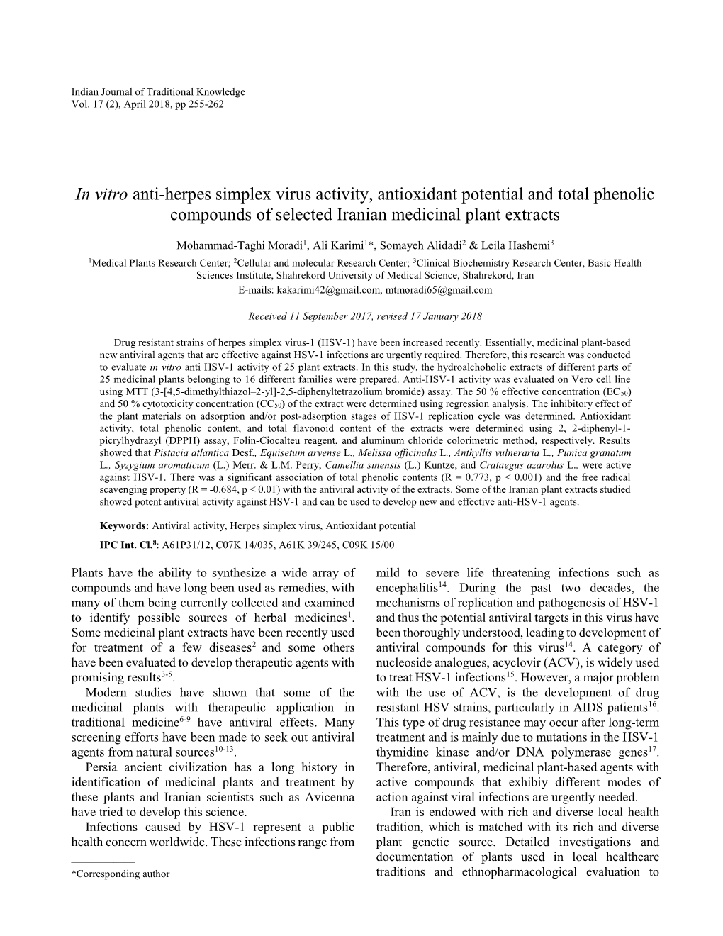 In Vitro Anti-Herpes Simplex Virus Activity, Antioxidant Potential and Total Phenolic Compounds of Selected Iranian Medicinal Plant Extracts