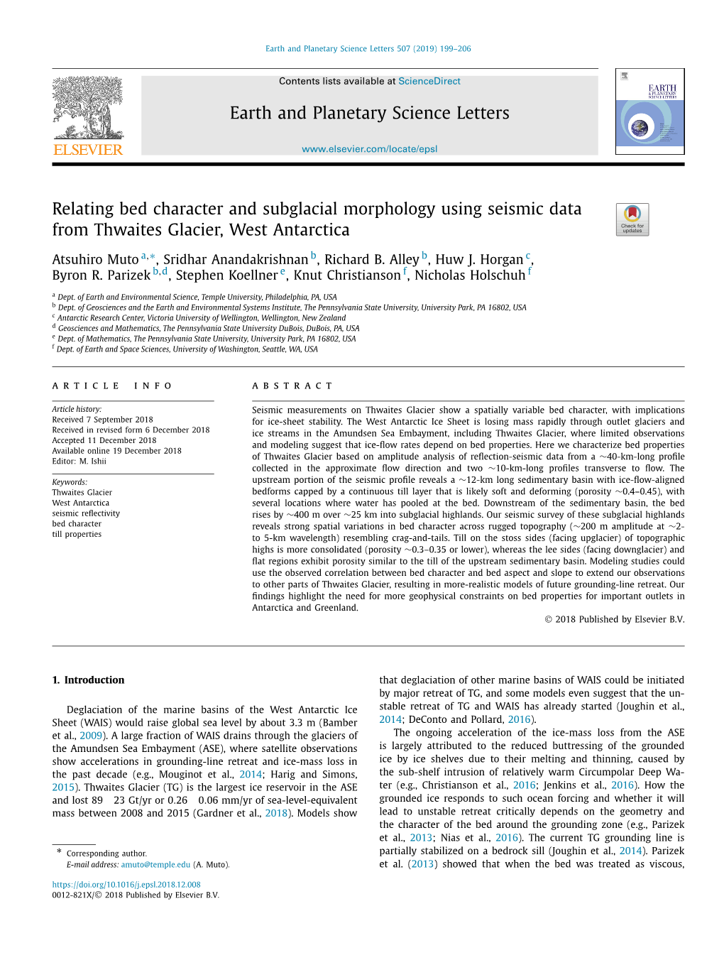 Relating Bed Character and Subglacial Morphology Using Seismic Data from Thwaites Glacier, West Antarctica ∗ Atsuhiro Muto A, , Sridhar Anandakrishnan B, Richard B