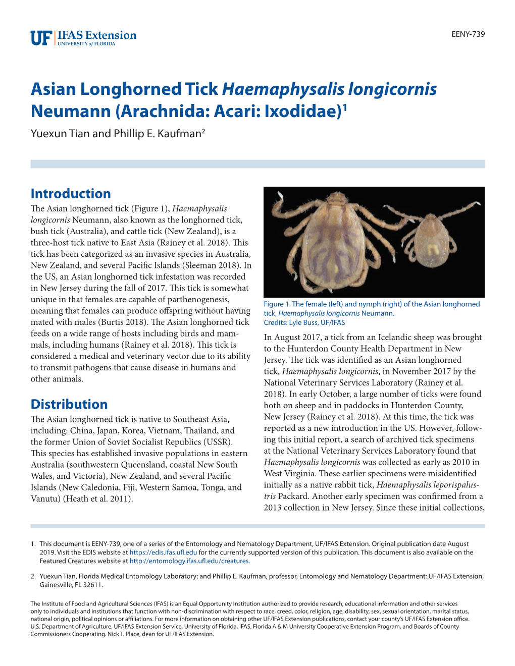 Asian Longhorned Tick Haemaphysalis Longicornis Neumann (Arachnida: Acari: Ixodidae)1 Yuexun Tian and Phillip E