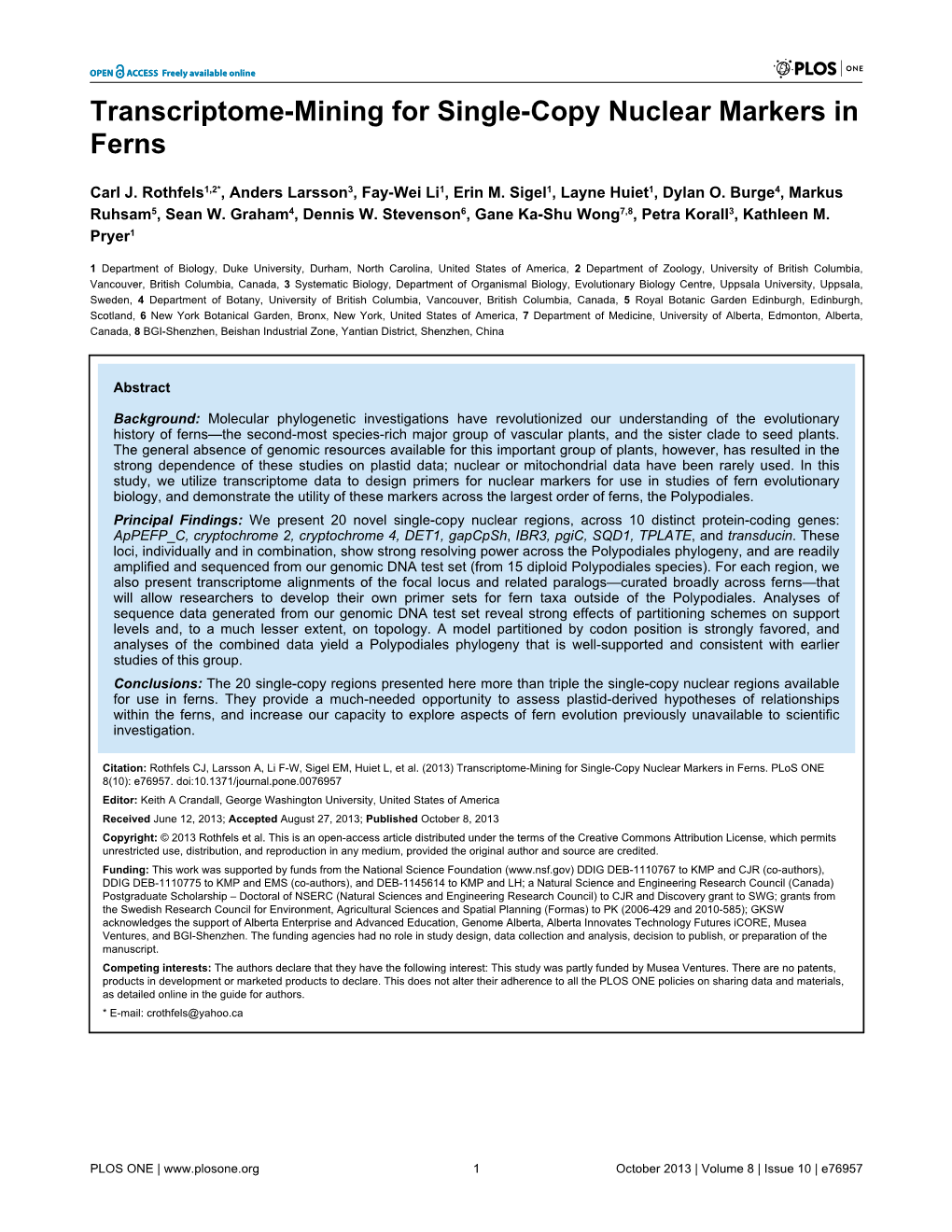 Transcriptome-Mining for Single-Copy Nuclear Markers in Ferns