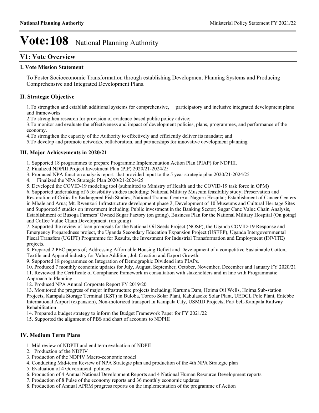 Vote:108 National Planning Authority V1: Vote Overview I