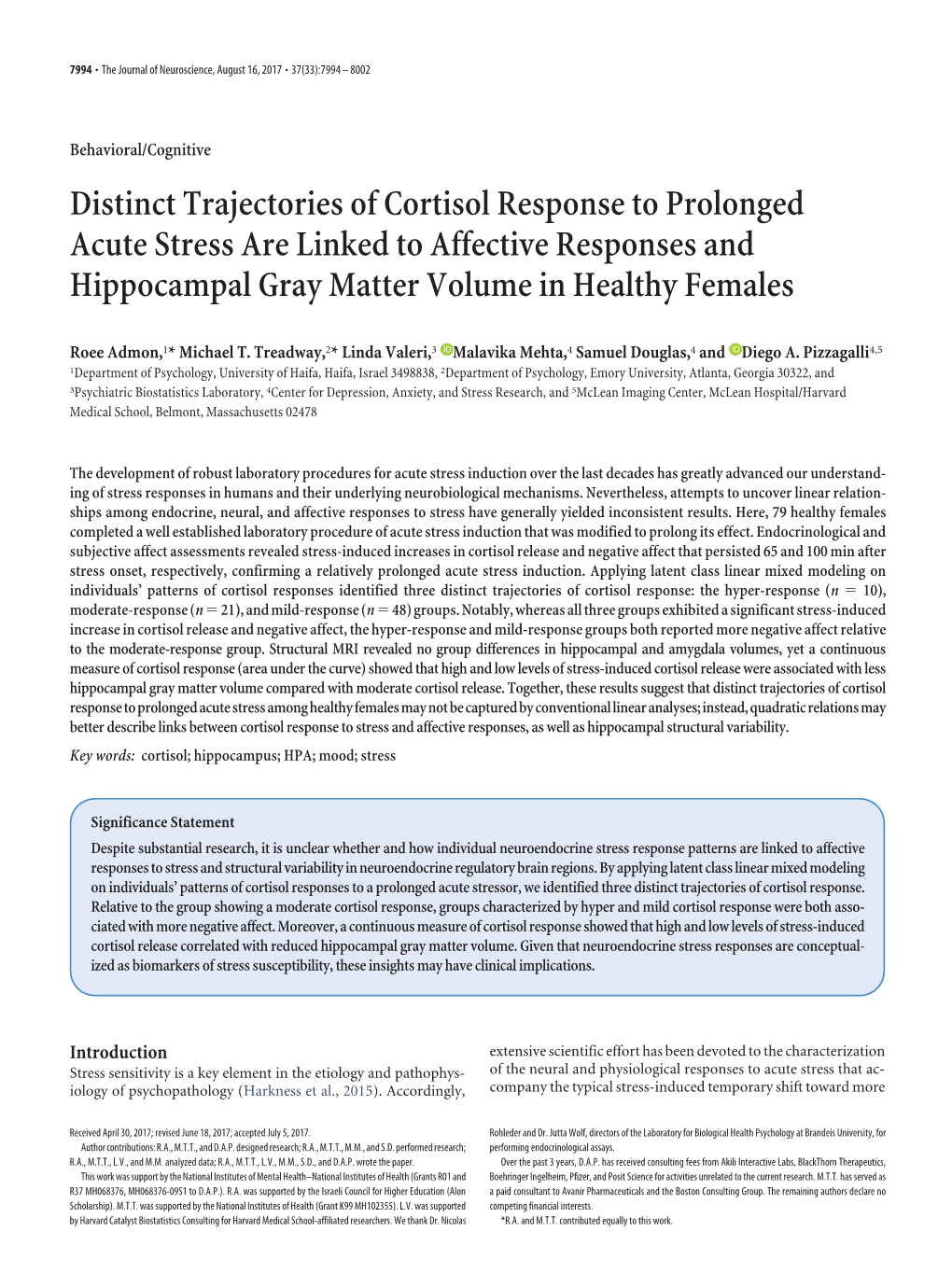 Distinct Trajectories of Cortisol Response to Prolonged Acute Stress Are Linked to Affective Responses and Hippocampal Gray Matter Volume in Healthy Females