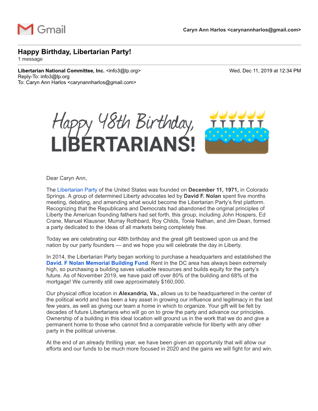 Happy Birthday, Libertarian Party! 1 Message