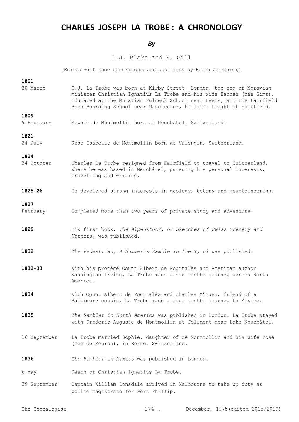 Charles Joseph La Trobe : a Chronology