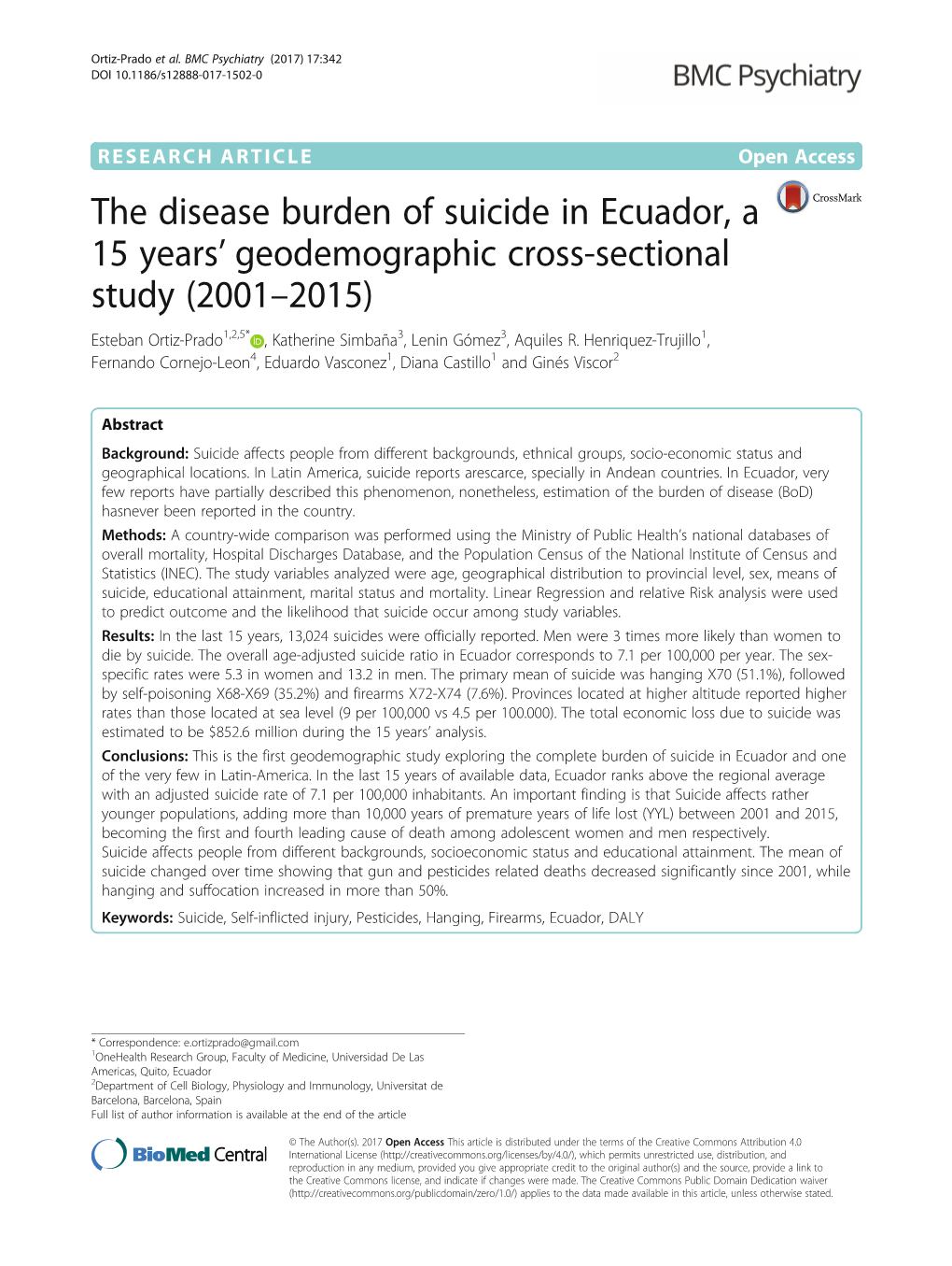The Disease Burden of Suicide in Ecuador, a 15