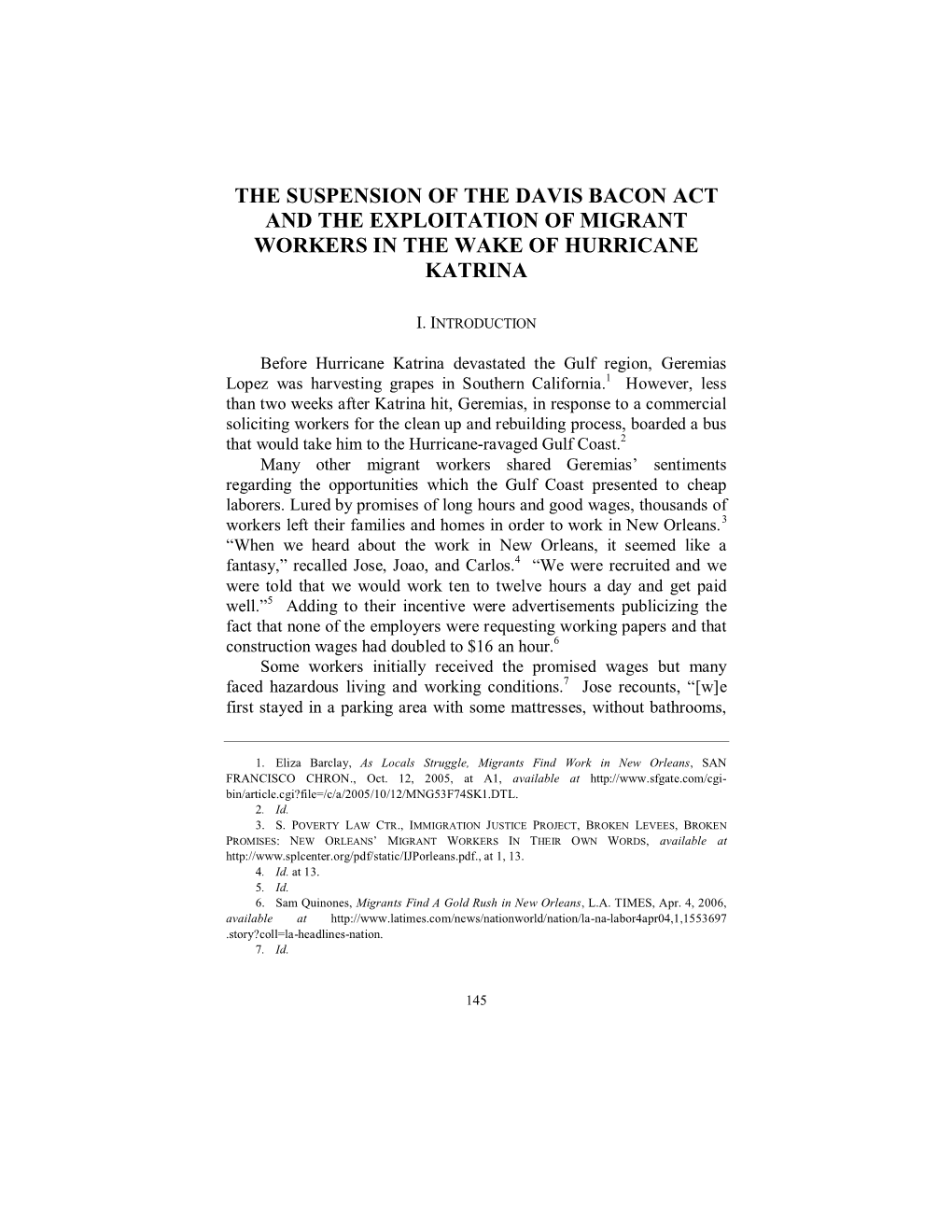 The Suspension of the Davis Bacon Act and the Exploitation of Migrant Workers in the Wake of Hurricane Katrina