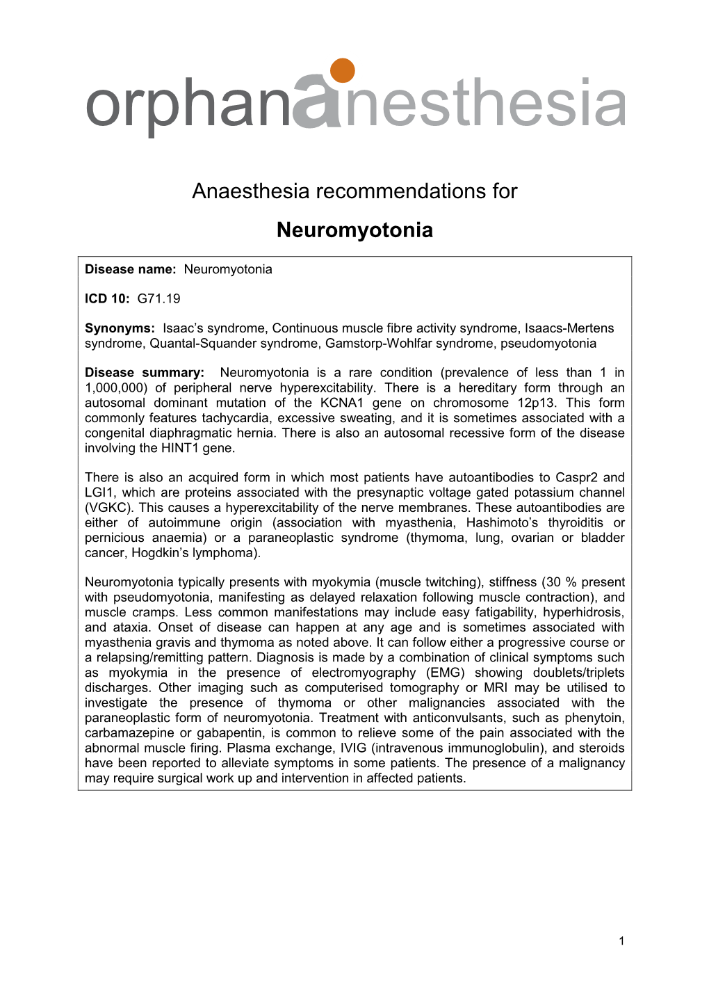 Anaesthesia Recommendations for Neuromyotonia