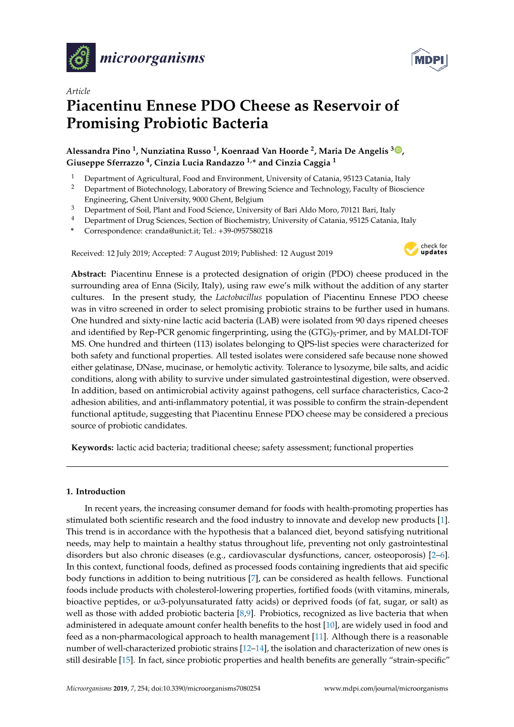 Piacentinu Ennese PDO Cheese As Reservoir of Promising Probiotic Bacteria