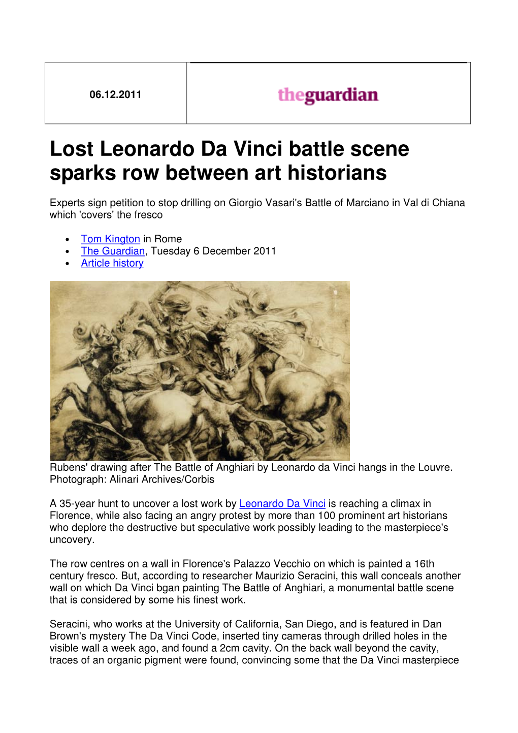 Lost Leonardo Da Vinci Battle Scene Sparks Row Between Art Historians