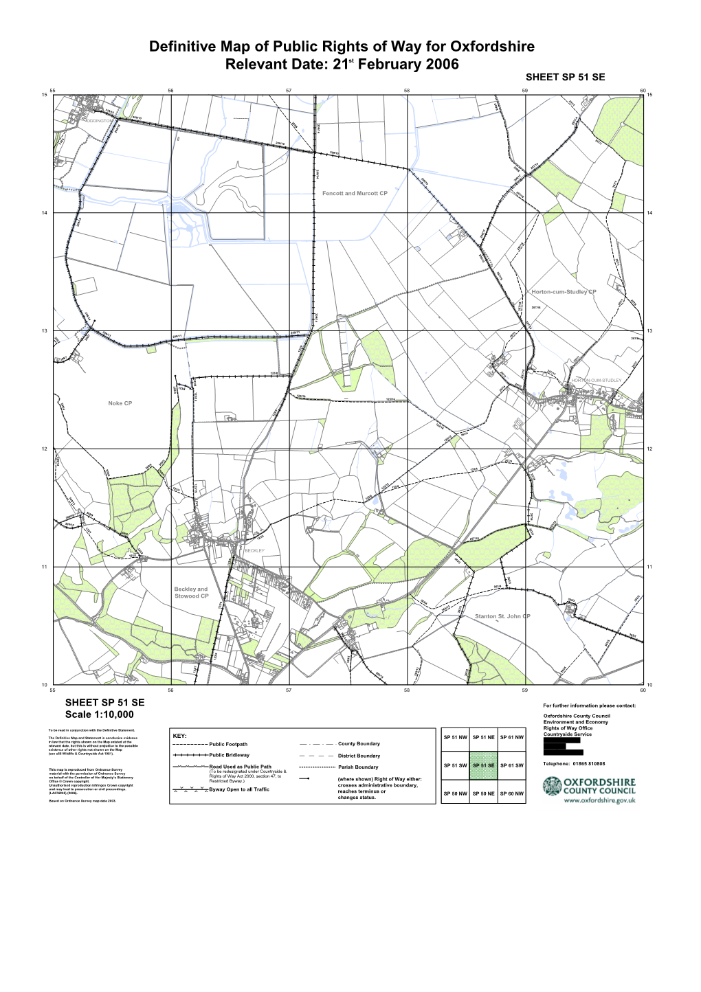 Definitive Map of Public Rights of Way for Oxfordshire Relevant Date: 21St February 2006 Colour SHEET SP 51 SE