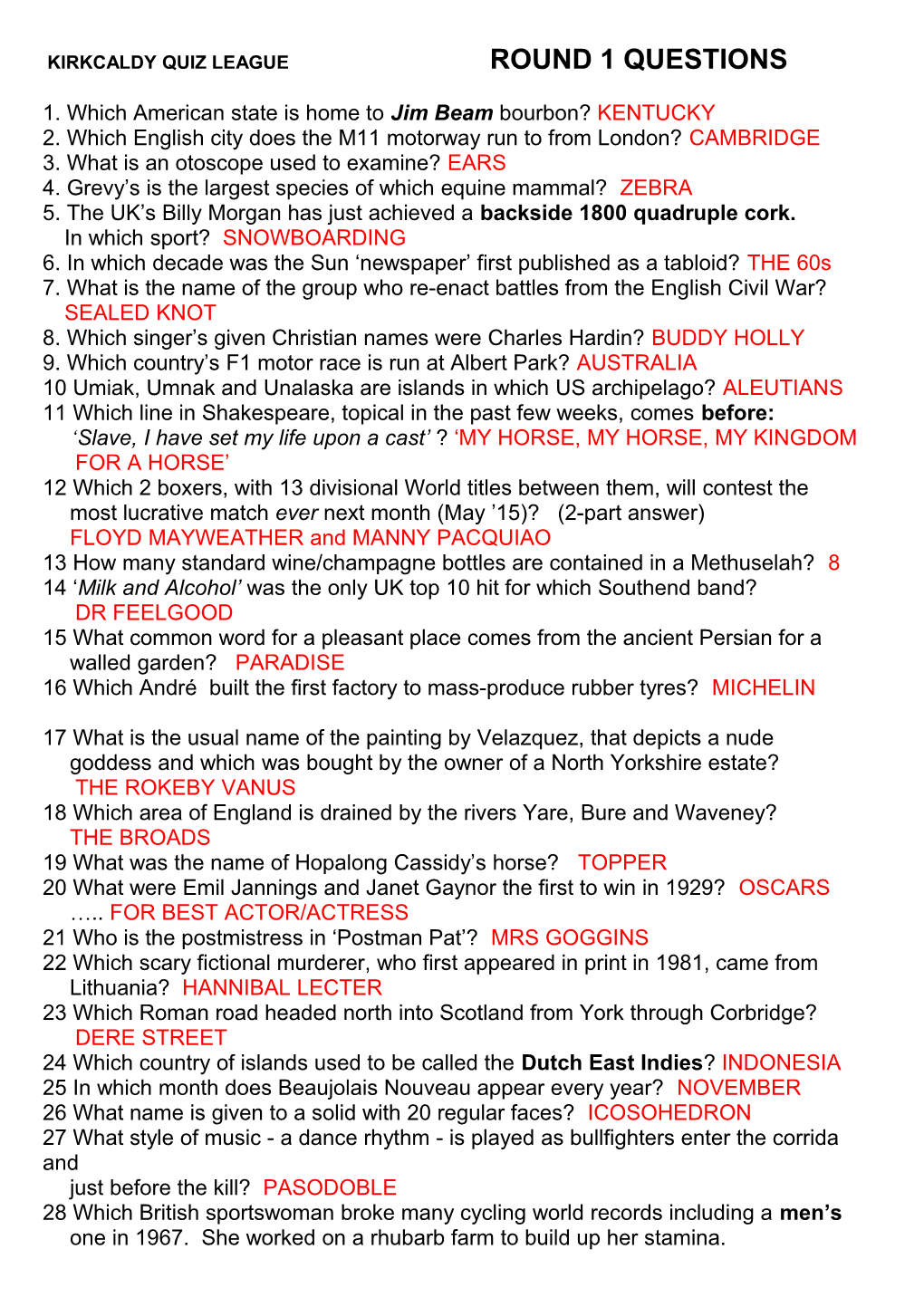 Kirkcaldy Quiz League Round 1 Questions