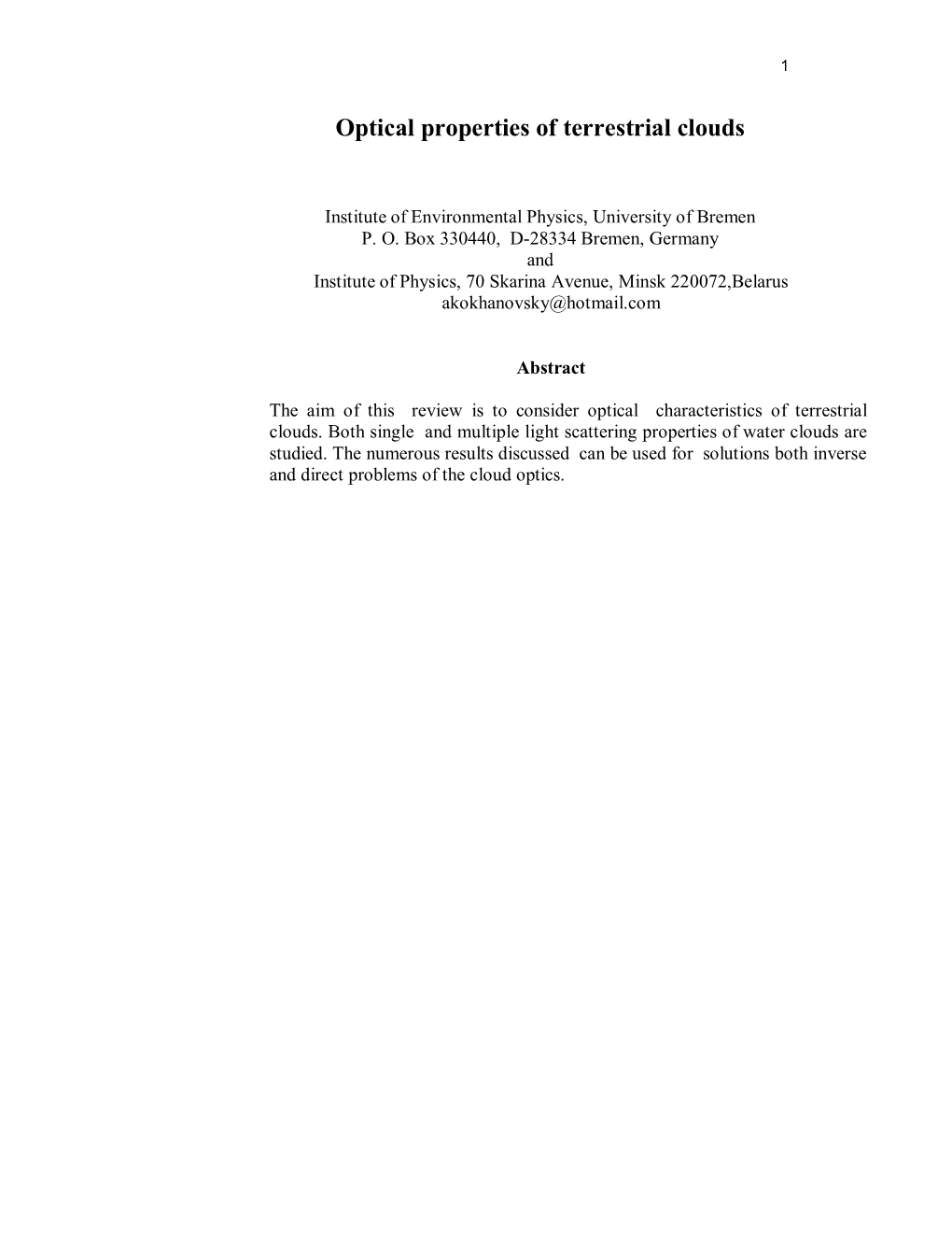 Optical Properties of Terrestrial Clouds