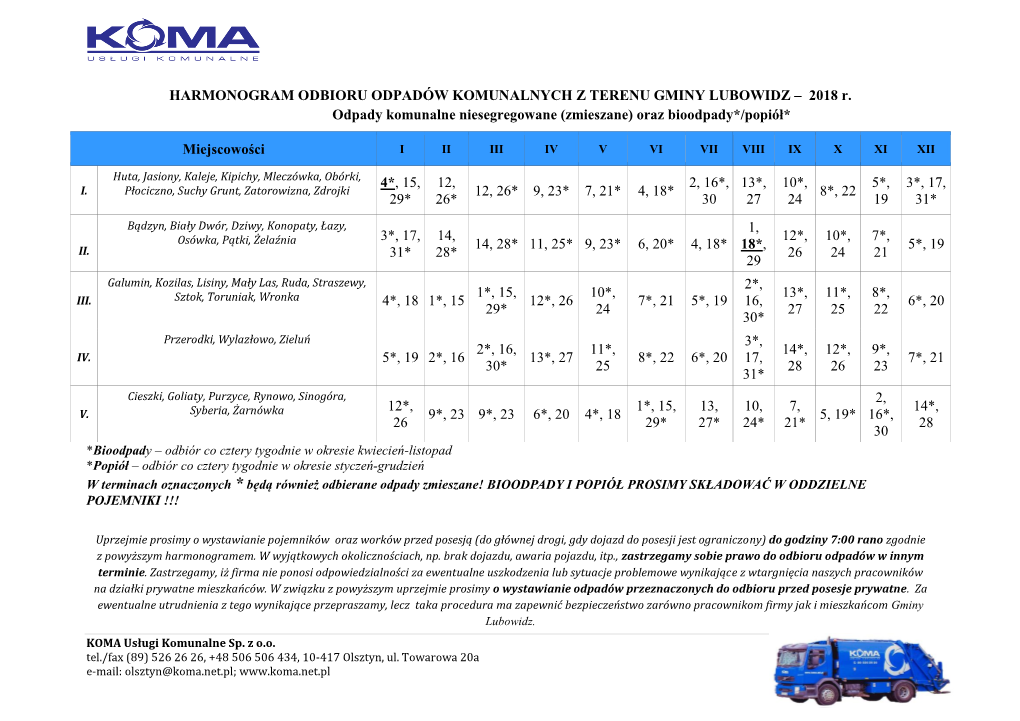 HARMONOGRAM ODBIORU ODPADÓW KOMUNALNYCH Z TERENU GMINY LUBOWIDZ – 2018 R