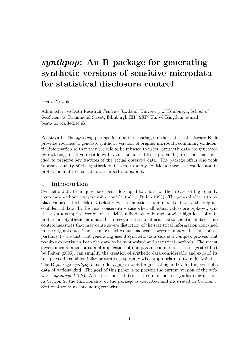 Synthpop: an R Package for Generating Synthetic Versions of Sensitive Microdata for Statistical Disclosure Control