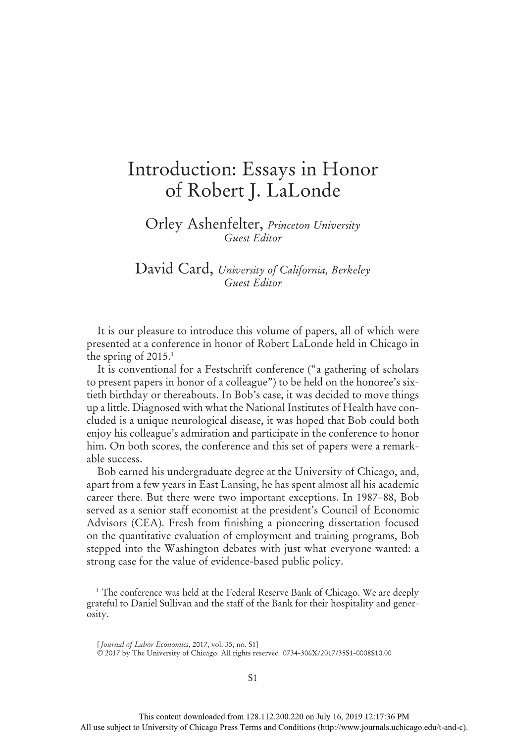 Essays in Honor of Robert J. Lalonde