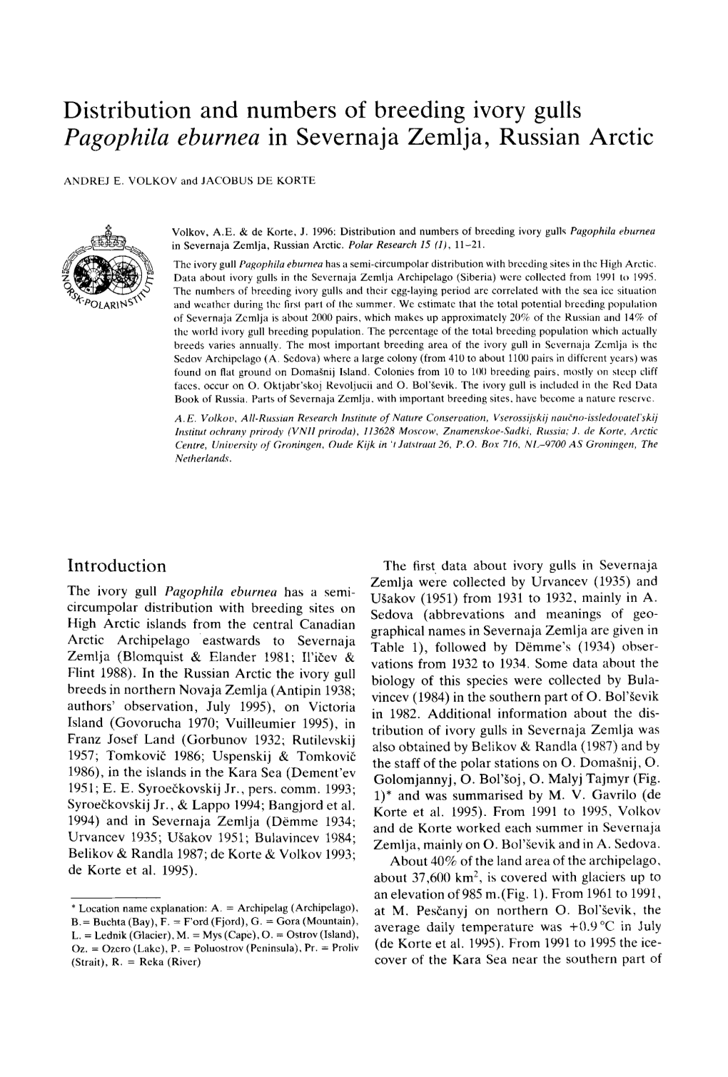 Distribution and Numbers of Breeding Ivory Gulls Pagophila Eburnea in Severnaja Zemlja, Russian Arctic