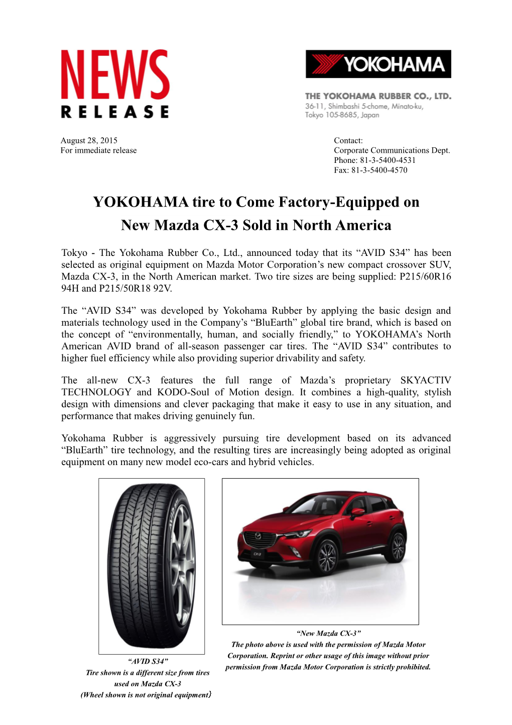 YOKOHAMA Tire to Come Factory-Equipped on New Mazda CX-3 Sold in North America