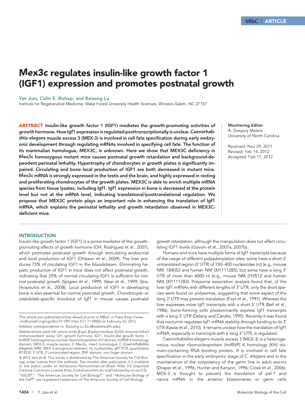 Mex3c Regulates Insulin-Like Growth Factor 1 (IGF1) Expression and Promotes Postnatal Growth