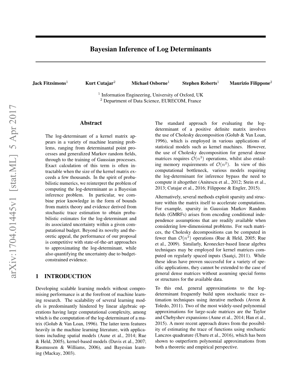 Bayesian Inference of Log Determinants