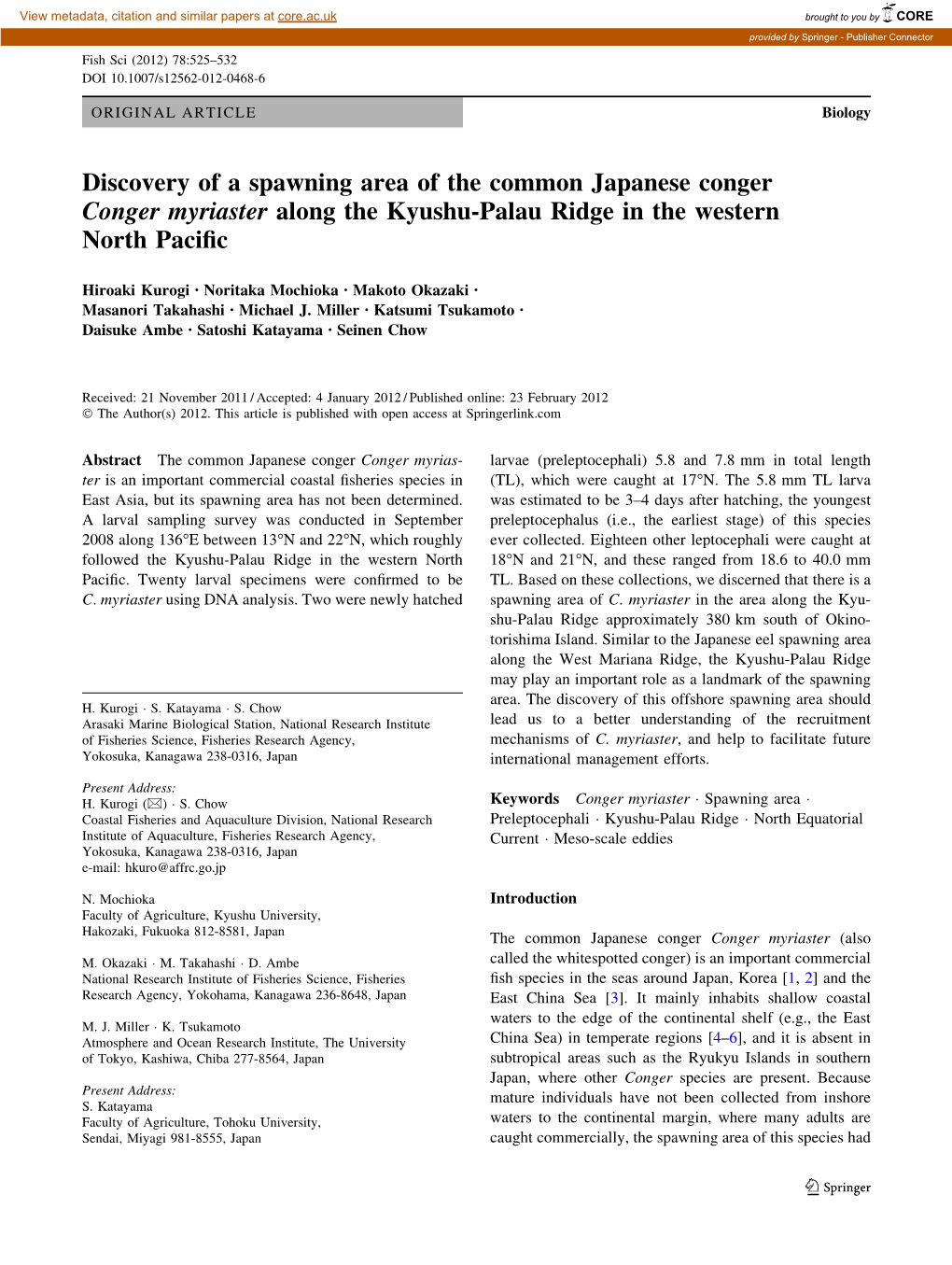 Discovery of a Spawning Area of the Common Japanese Conger Conger Myriaster Along the Kyushu-Palau Ridge in the Western North Paciﬁc