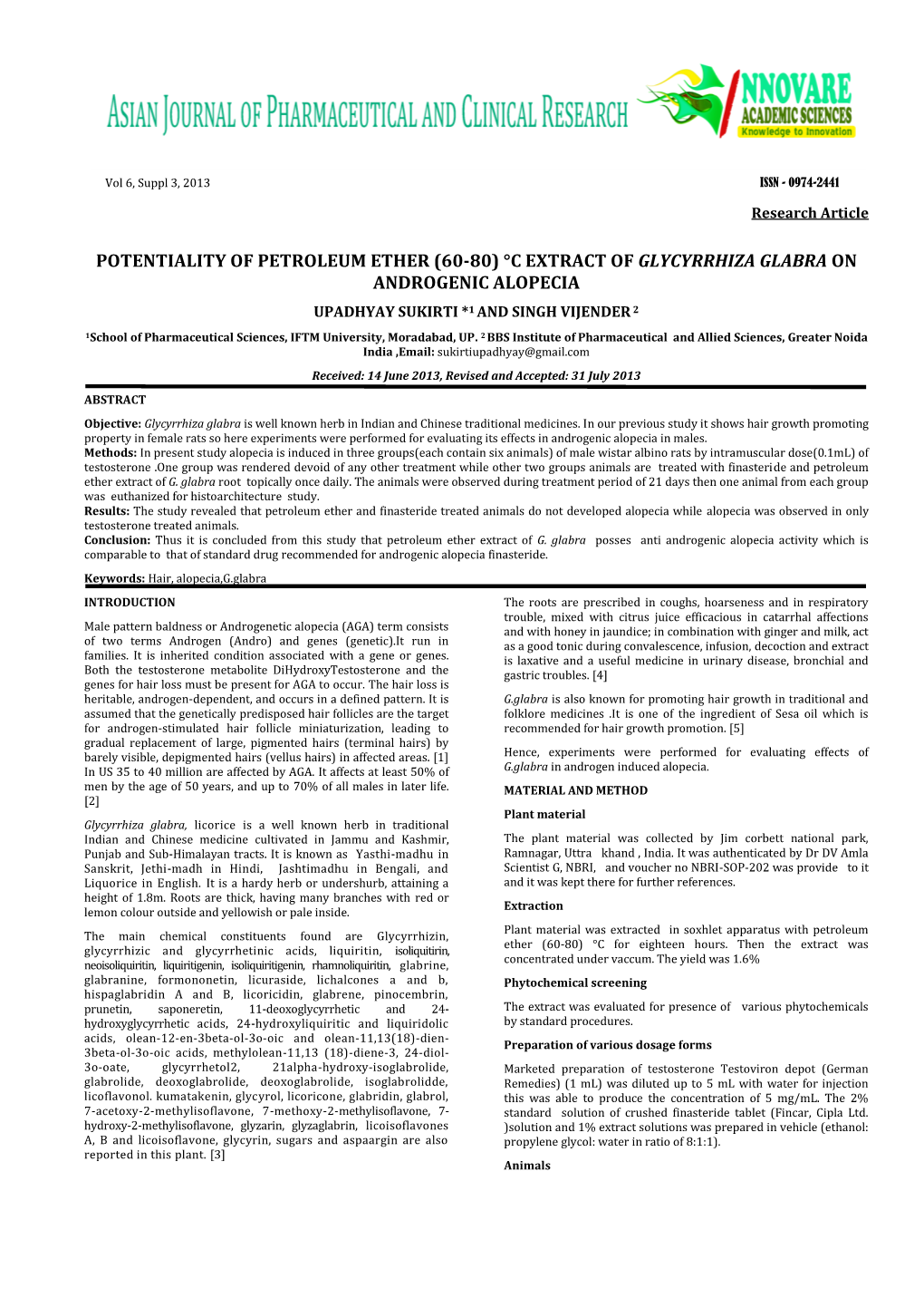 (60-80) °C Extract of Glycyrrhiza Glabra on Androgenic Alopecia