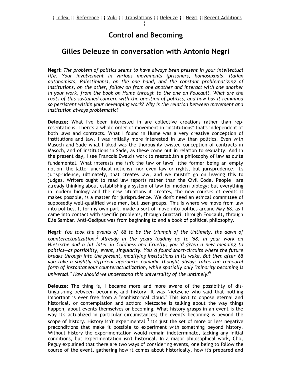 Control and Becoming Gilles Deleuze in Conversation with Antonio Negri