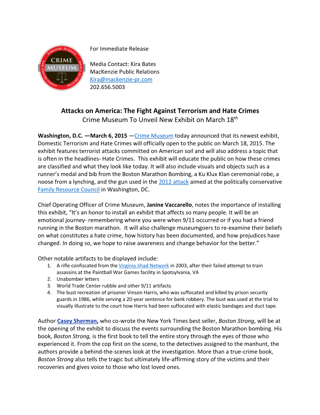 Attacks on America: the Fight Against Terrorism and Hate Crimes Crime Museum to Unveil New Exhibit on March 18Th