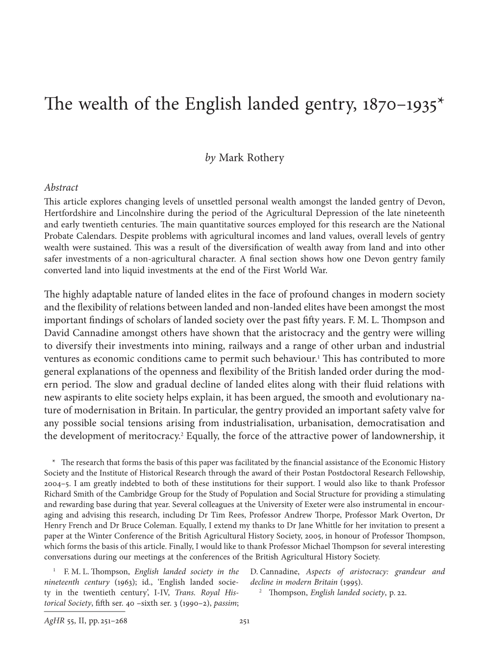 The Wealth of the English Landed Gentry, 1870–1935*