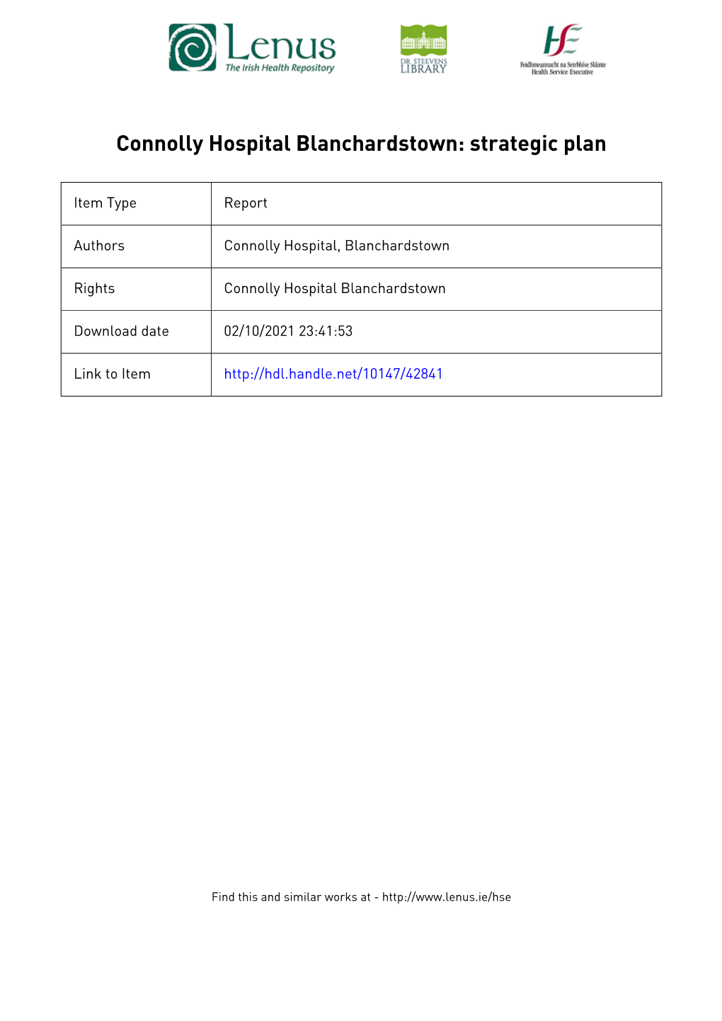 Connolly Hospital Blanchardstown: Strategic Plan