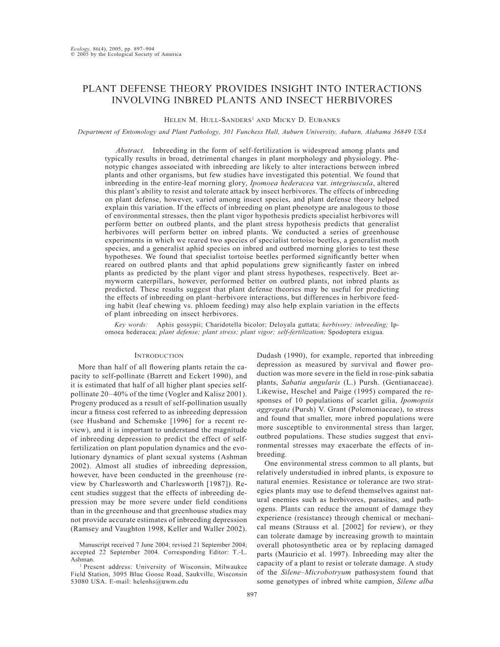 Plant Defense Theory Provides Insight Into Interactions Involving Inbred Plants and Insect Herbivores