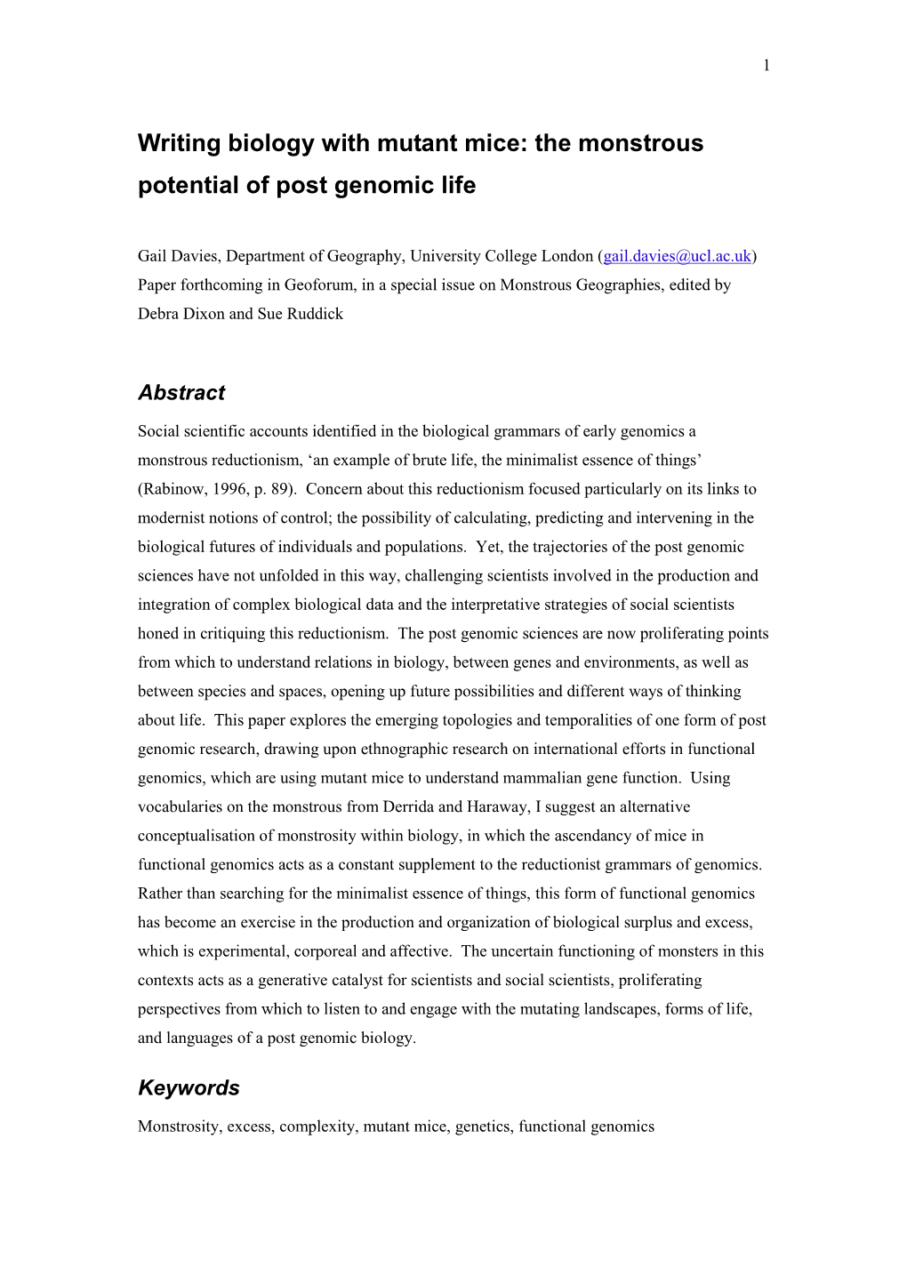 Writing Biology with Mutant Mice: the Monstrous Potential of Post Genomic Life