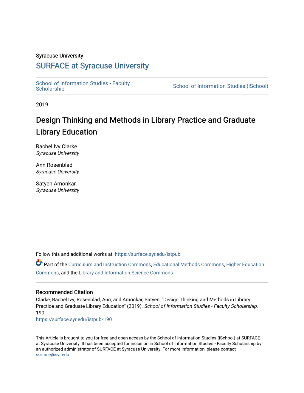 Design Thinking and Methods in Library Practice and Graduate Library Education