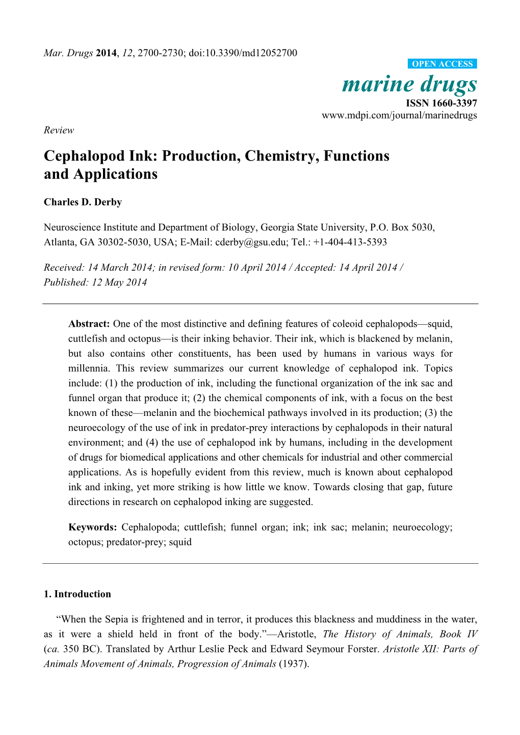 Cephalopod Ink: Production, Chemistry, Functions and Applications